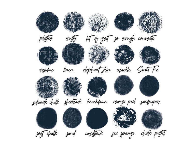 May include: A collection of 18 blue circles with different textures, each labeled with a descriptive name like "plaster", "rusty", "linen", "elephant skin", "crackle", "sidewalk chalk", "sheetrock", "knockdown", "orange peel", "sandpaper", "soft chalk", "sand", "cardstock", "sea sponge", and "chalk pastel".