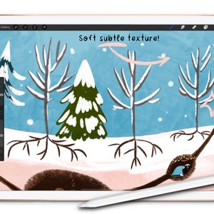 May include: A digital illustration of a winter scene with three bare trees, a snow-covered evergreen tree, and a bird's nest in the foreground. The background is a light blue sky with white snowflakes. The text "Soft subtle texture!" is written in black at the top of the image.