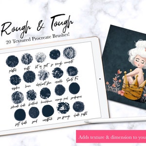 May include: A digital illustration of a girl with white hair wearing a crown made of thorns. The image is on a dark blue background with pink flowers. The image is used to promote a set of 20 textured Procreate brushes.