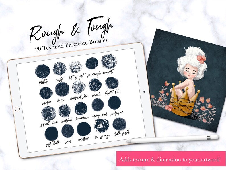 May include: A digital illustration of a girl with white hair wearing a crown made of thorns. The image is on a dark blue background with pink flowers. The image is used to promote a set of 20 textured Procreate brushes.