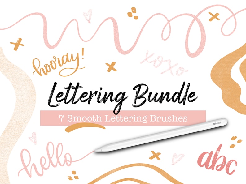 May include: A digital illustration of a lettering bundle with 7 smooth lettering brushes. The image features a white background with pink and gold lettering, hearts, and swirls. The text "Lettering Bundle" is in black and the text "7 Smooth Lettering Brushes" is in white.