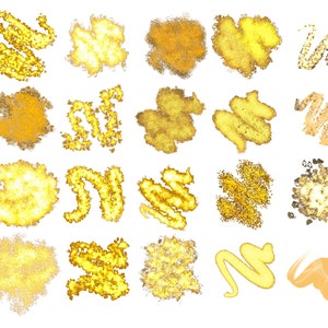 May include: A collection of 20 gold paint splatters and brushstrokes on a white background. The paint is in various shapes and sizes, and some of the splatters have a textured look.