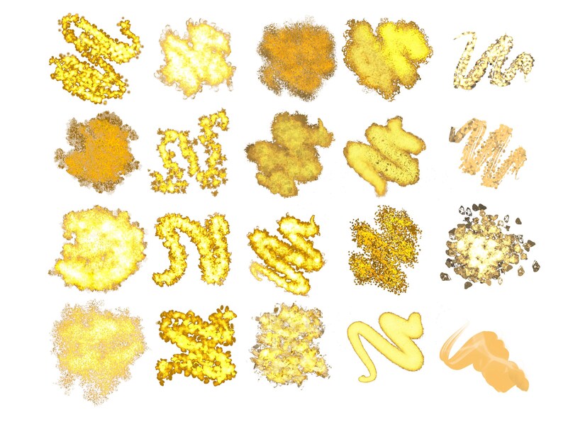 May include: A collection of 20 gold paint splatters and brushstrokes on a white background. The paint is in various shapes and sizes, and some of the splatters have a textured look.
