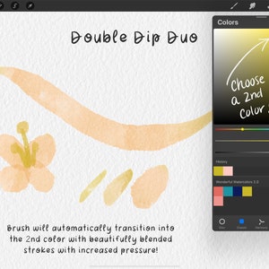 May include: A digital illustration of a brush tool with the text "Double Dip Duo" and a color palette with a yellow and pink color gradient. The text "Choose a 2nd Color!" is written on the color palette.