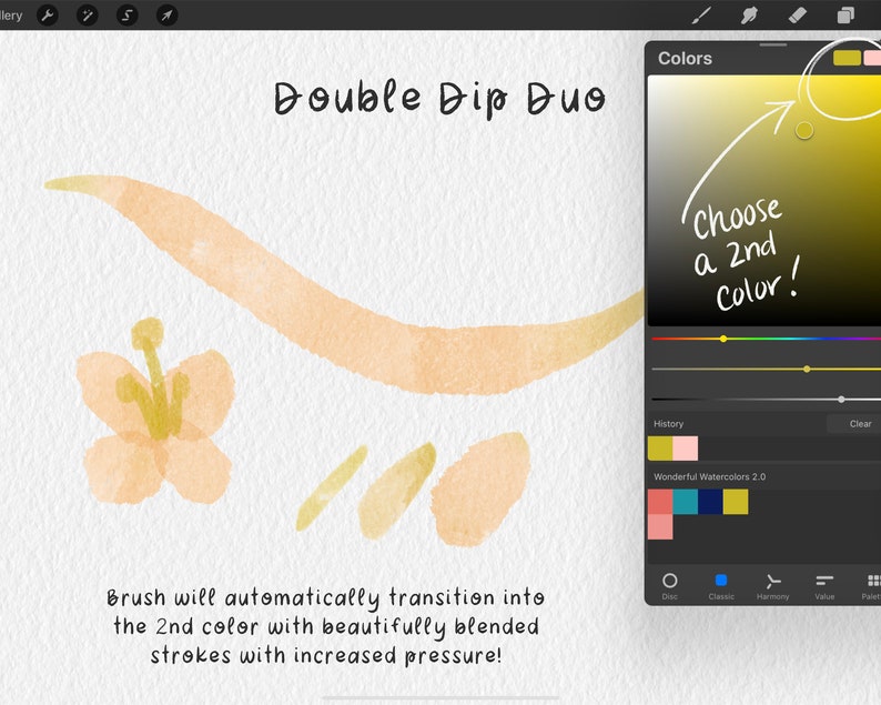 May include: A digital illustration of a brush tool with the text "Double Dip Duo" and a color palette with a yellow and pink color gradient. The text "Choose a 2nd Color!" is written on the color palette.