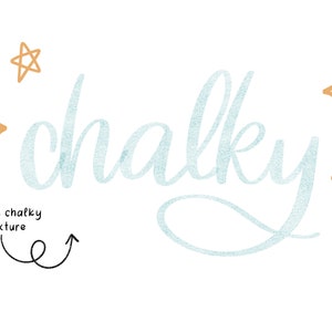 May include: The word "chalky" written in a light blue, textured font with a rough, chalky texture. The word is surrounded by small, gold stars.