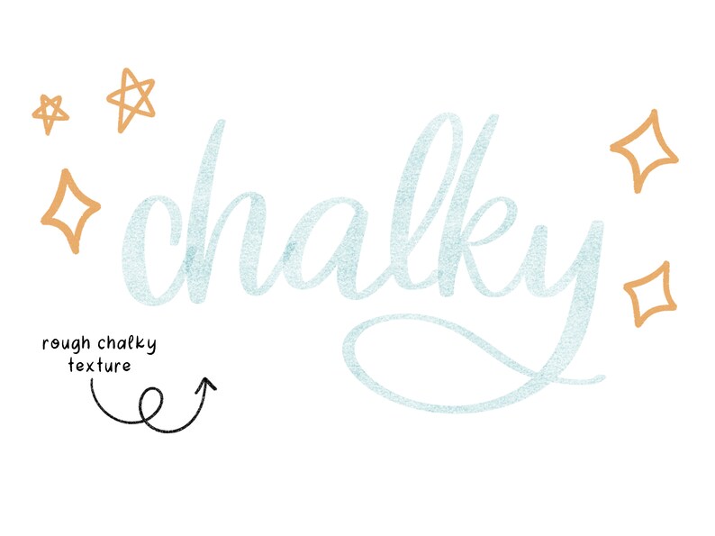 May include: The word "chalky" written in a light blue, textured font with a rough, chalky texture. The word is surrounded by small, gold stars.