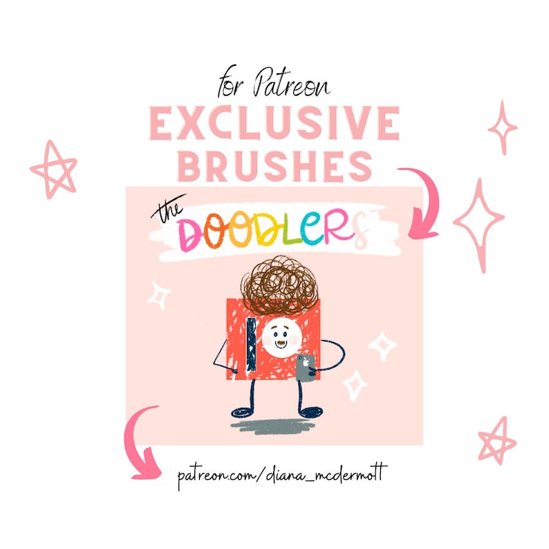May include: A cartoon illustration of a red box with a smiling face and a messy brown afro. The box is holding a phone and has legs and arms. The text "the DOODLERS" is above the box in rainbow colors. The text "for Patreon EXCLUSIVE BRUSHES" is at the top of the image. The text "patreon.com/diana_mcdermott" is at the bottom of the image.