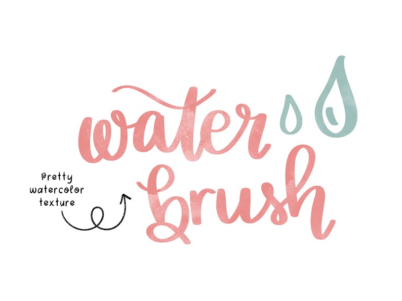 May include: Watercolor illustration of the words "water brush" with a watercolor texture. The word "water" is in a pink color and the word "brush" is in a light pink color. There are two small blue watercolor drops next to the word "water".
