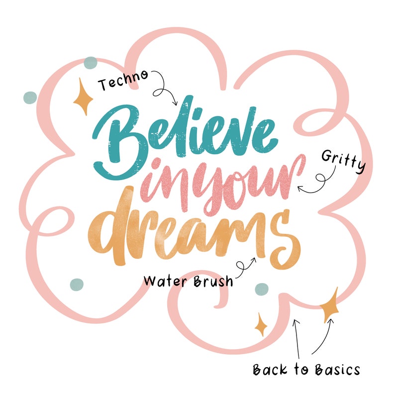 May include: A pink and blue cloud with the text "Believe in your dreams" in a stylized font. The text is highlighted with different colors and textures. The image includes arrows and text describing the different techniques used to create the design.
