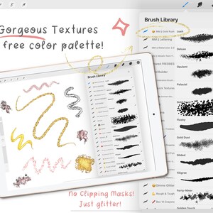 May include: A digital tablet screen displaying a list of 34 brush textures for digital art. The list includes names like "Gold Rush", "Lettering", "Deluxe", "Opulent", "Palacial", "Flashy", "Gold Dust", "Dreams", "Fun", "Gilded", "Filigree", "Gimme Glitter", "Forty-Niner", "Rough & Tough", "Box O Crayons", and "Golden Touch". The text "No Clipping Masks! Just glitter!" is displayed at the bottom of the screen.