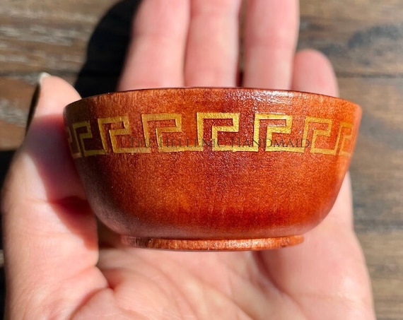 NEW Meander offering bowl, gold detail on red wood bowl for shrine or home with hand painted Greek key