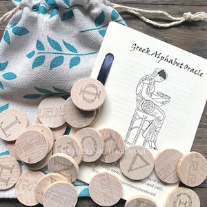 Greek Alphabet Oracle set, 24 engraved wood tiles with bag and free book