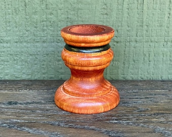 Candle holder, black on antique red wood taper candle holder for shrine or home with hand painted detail