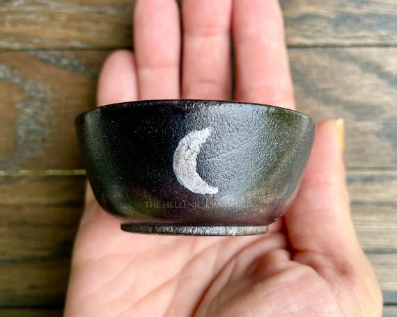 Crescent moon offering bowl, silver detail on black wood bowl for altar or home