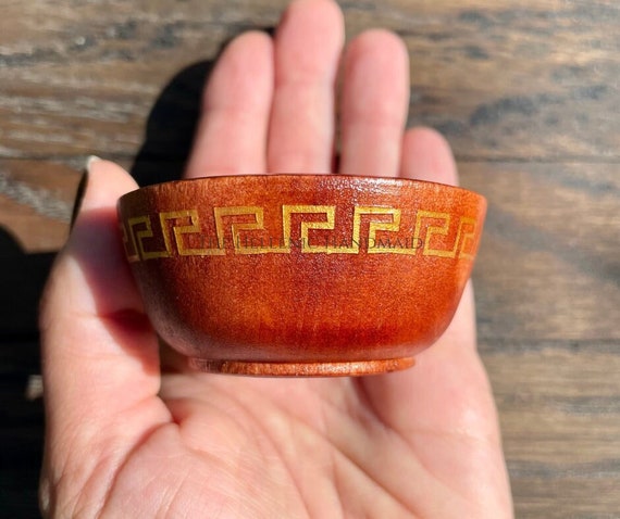 Meander offering bowl, gold detail on red wood bowl for shrine or home with hand painted Greek key