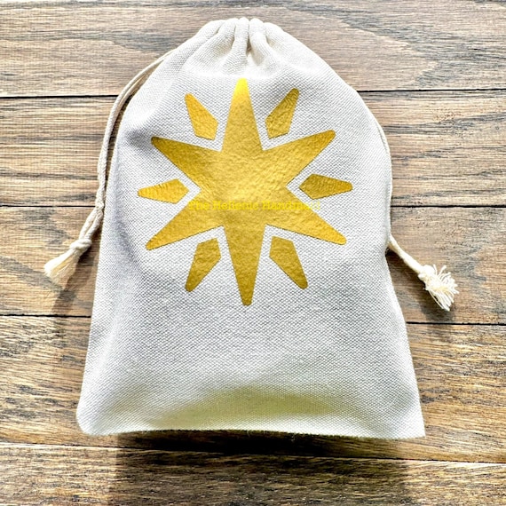Twelve point star drawstring bag, THH exclusive gold design cloth bag for ritual, treasures, and Oracle storage