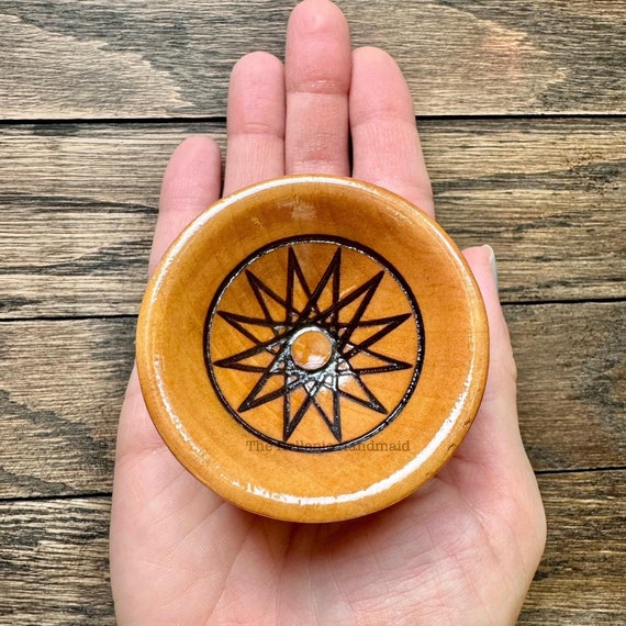 Mini Dodecagram offering bowl, engraved twelve pointed star wood bowl for shrine and home