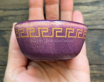 NEW Meander offering bowl, gold detail on purple wood bowl for shrine or home with hand painted Greek key