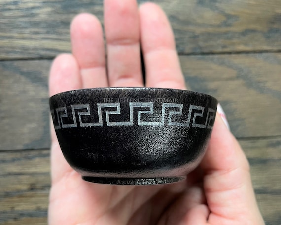 Meander offering bowl, silver detail on black wood bowl for altar or home with hand painted Greek key