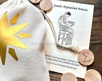 Greek Alphabet Oracle set, 24 engraved wood tiles with bag and free book