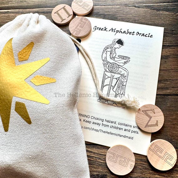 Greek Alphabet Oracle set, 24 engraved wood tiles with bag and free book