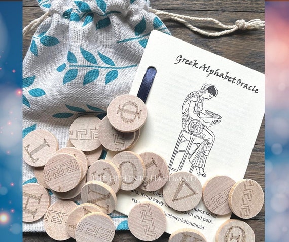 Greek Alphabet Oracle set, 24 engraved wood tiles with bag and free book