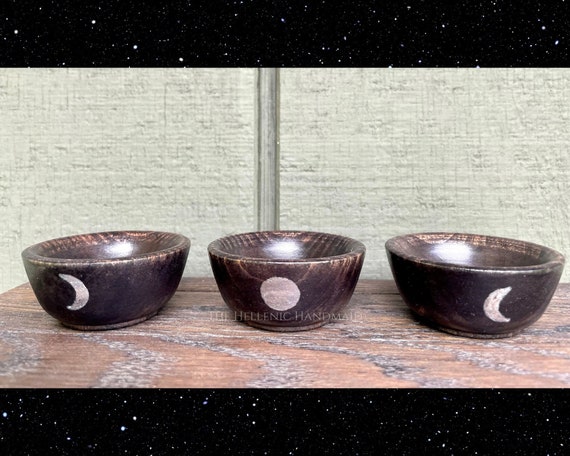 Triple moon offering bowl set of 3 hand painted silver detail on black ritual wood bowls for altar or home