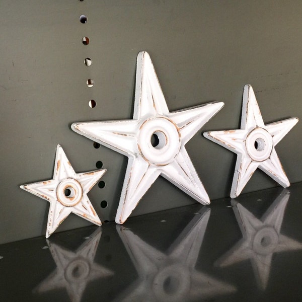 Cast Iron Stars set of 3 white vintage shabby chic farmhouse home decor rustic wedding photo prop farm country distressed 5 point star