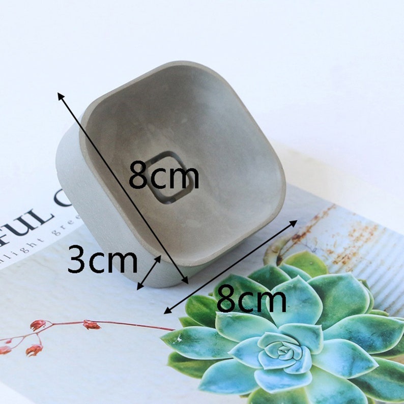 May include: A gray concrete square planter with a 3 inch tall base and an 8 inch wide opening. The planter is 8 inches wide and 8 inches deep.
