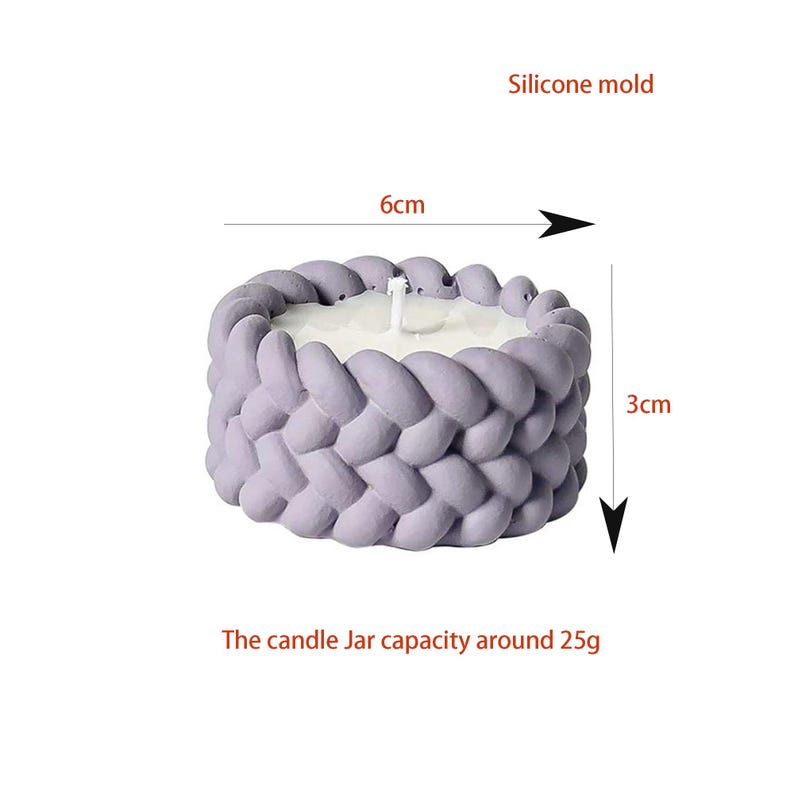 May include: A purple silicone mold for making a braided candle jar. The mold is 6 inches in diameter and 3 inches tall. The candle jar capacity is around 25 grams.