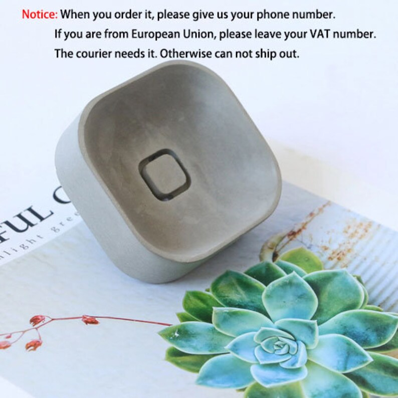 May include: A gray concrete square planter with a small hole in the center. The planter is sitting on a white surface with a green succulent plant in the background.