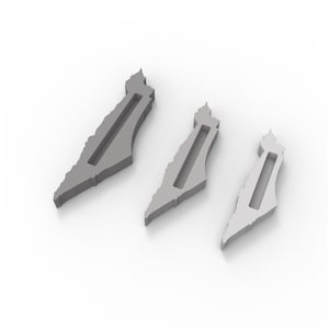 May include: Three gray, 3D-rendered cutouts in the shape of a country's outline, each with a rectangular cutout. The cutouts are arranged diagonally on a white background, with varying sizes.