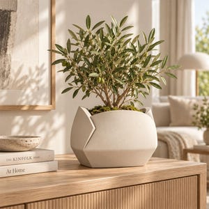 May include: A small olive tree with green leaves and small green olives planted in a matte off-white ceramic planter with a geometric, faceted design. The plant sits on a wooden surface next to two stacked books titled The Kinfolk Home.
