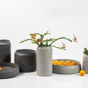 Könnte beinhalten: Ein Set aus fünf grauen Betonbehältern und Schalen, darunter eine hohe Vase mit einer einzelnen Orchidee, eine kleinere Schale gefüllt mit kleinen Orangen und zwei weitere Behälter. Die Behälter sind alle aus rauer, strukturierter Beton.