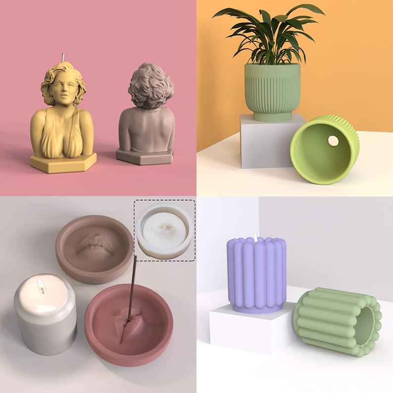 May include: A set of silicone molds for making candles and planters. The molds are in various shapes, including a bust of a woman, a round planter, and a rectangular planter. The molds are made of clear silicone and are easy to use.