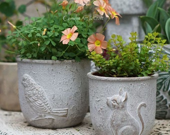 Concrete silicone pot Simple modern relief Bird and Cat, green plants Pot mold, succulent round cement flower pots Mold