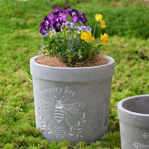 Puede incluir: Una maceta de cerámica gris con las palabras "Honey Bee" y un diseño de abeja. La maceta está llena de pensamientos morados y amarillos.