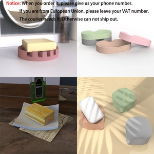 May include: Four different soap dishes made of silicone in various colors, including pink, gray, green, and light blue. The dishes are designed to hold soap bars and drain excess water.