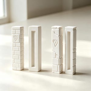 Può includere: Quattro custodie rettangolari bianche per mezuzah disposte in verticale. Due presentano un motivo a mattoni con un simbolo di fiamma, una ha una superficie liscia con un canale verticale centrale, una mostra una texture in pietra crepata.