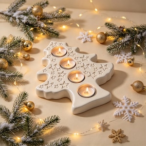 Pode incluir: Um suporte de vela em cerâmica branca com formato de árvore de Natal, contendo quatro cavidades circulares para velas de chá. A superfície é decorada com padrões de estrelas em relevo de vários tamanhos. Quatro velas de chá acesas estão inseridas.