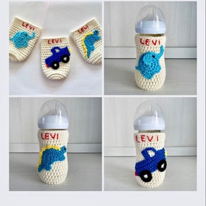 Crochet baby bottle cover/cozy, Washable/ re-usable milk bottle cover with truck/ dinosaur, Baby shower gift. Can customize Designs &colors