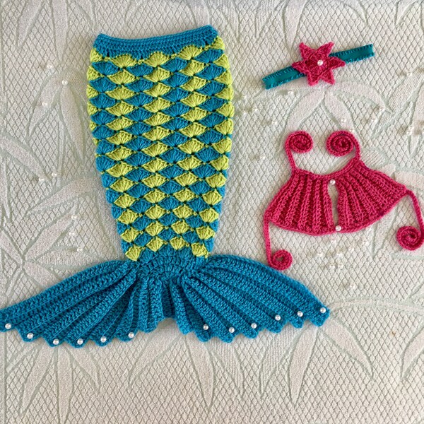 Crochet pearl mermaid photo prop, Handmade baby shower gift set, cute green/ blue mermaid w/ star headband. Custom sizes & colors available