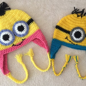Cute minion crochet hat, Soft minion hat/ beanie with one or two eyes, Yellow minion hat with ear-flaps. Custom sizes & colors available