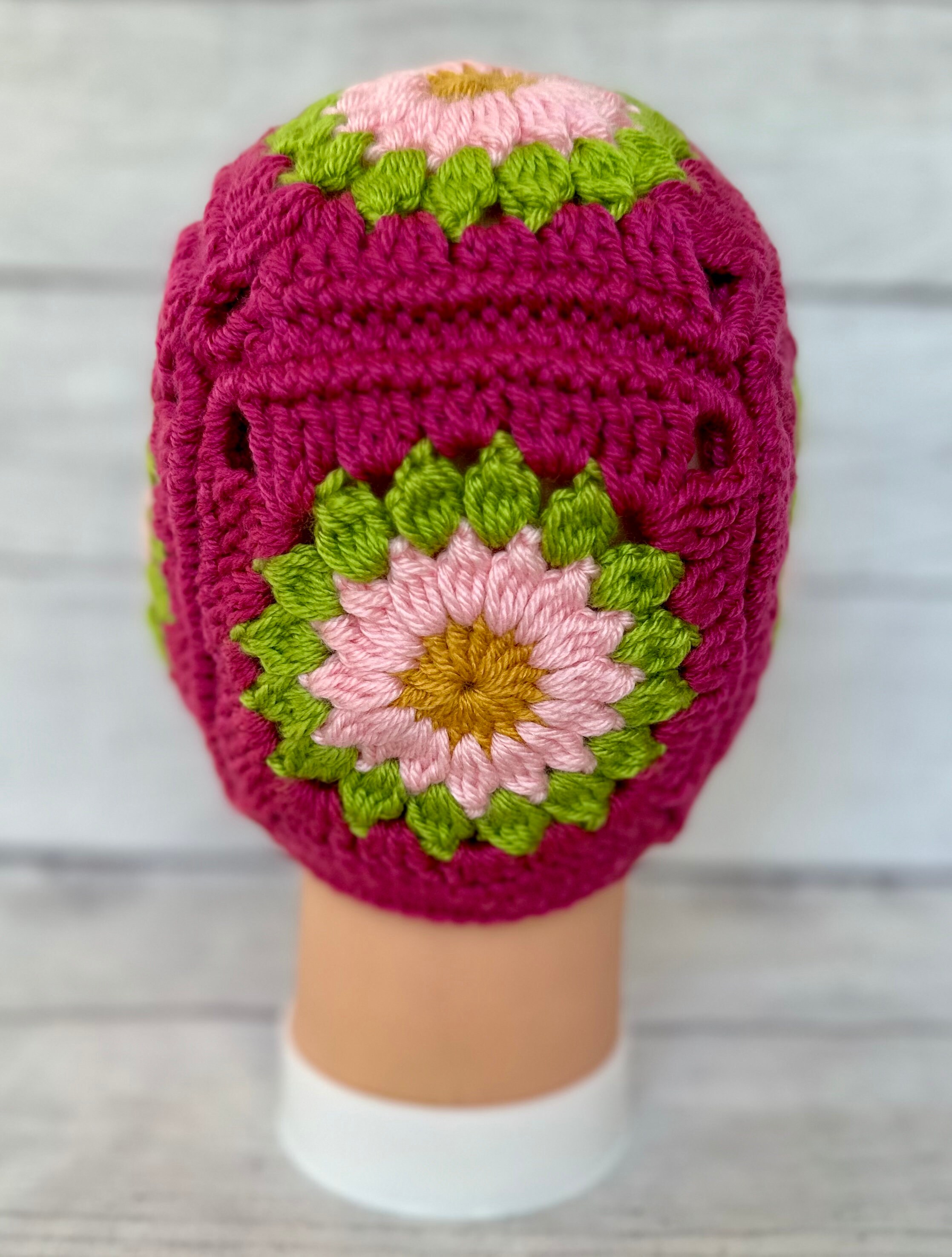 Crochet Flower Granny Square Beanie, Pink Green Hat, Custom  display picture 2