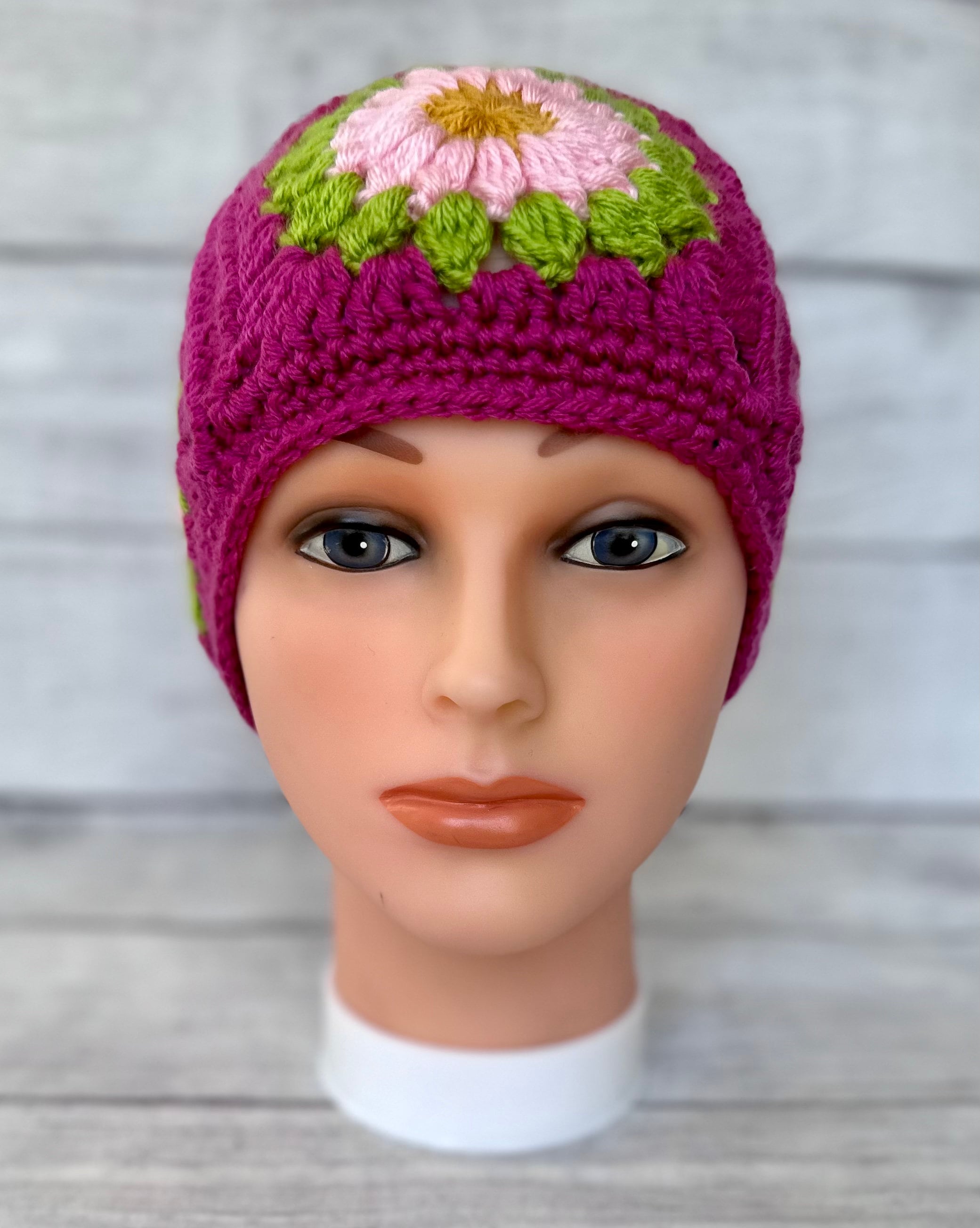 Crochet Flower Granny Square Beanie, Pink Green Hat, Custom  display picture 3