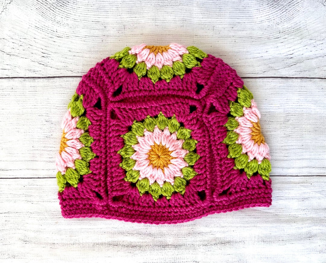 Crochet Flower Granny Square Beanie, Pink Green Hat, Custom 