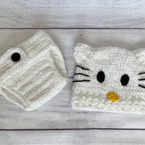 Crochet Kitty cat photo prop set (hat; diaper cover; booties), Cute handmade baby shower gift. Soft white hat, Custom sizes&colors available