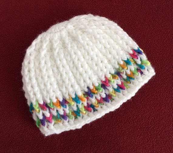 Handmade White Crochet Beanie, Rainbow Stripes, Soft Acrylic  display picture 3