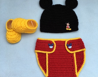 Crochet Mickey Mouse Baby Photo Prop Set, Handmade Hat, Diaper Cover, Booties